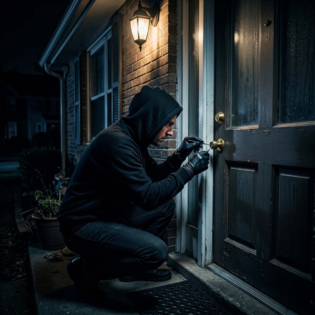 泥棒が鍵をこじ開けようとしているAI写真