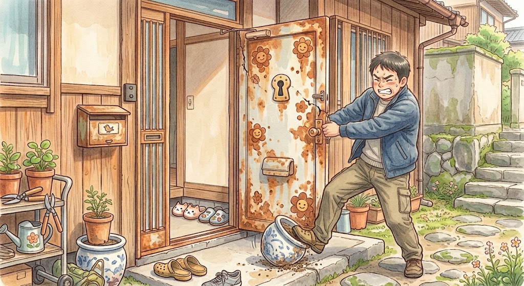 錆びついた玄関ドアのイラスト