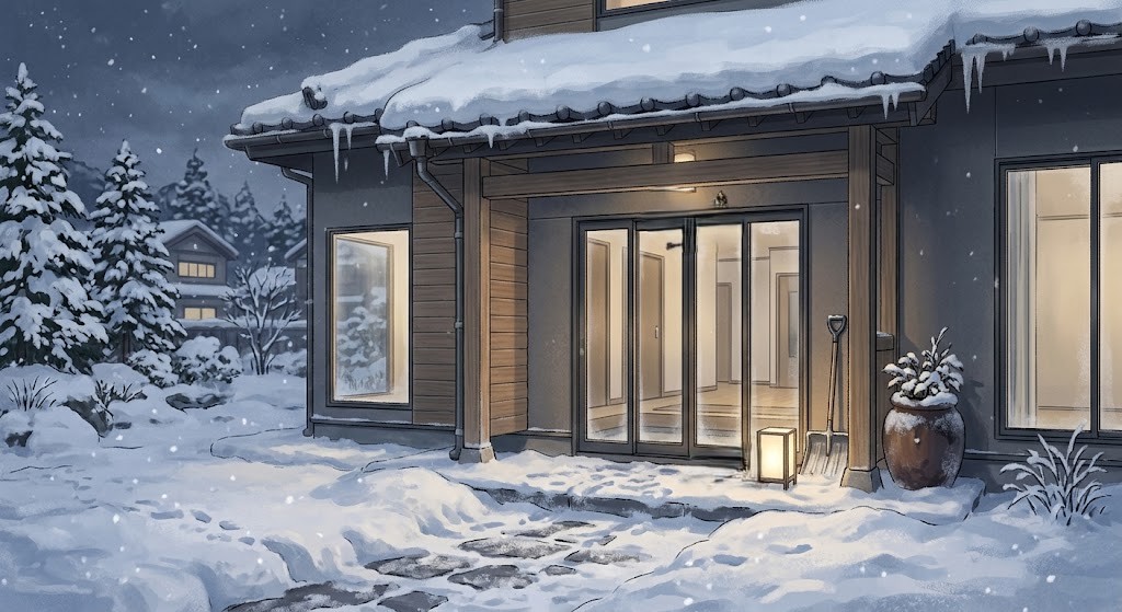 白山市の冬の玄関ドアイラスト